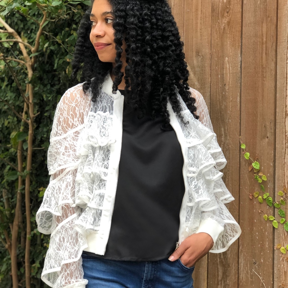 🌷SALE🌷Chic White Lace Ruffle Bomber